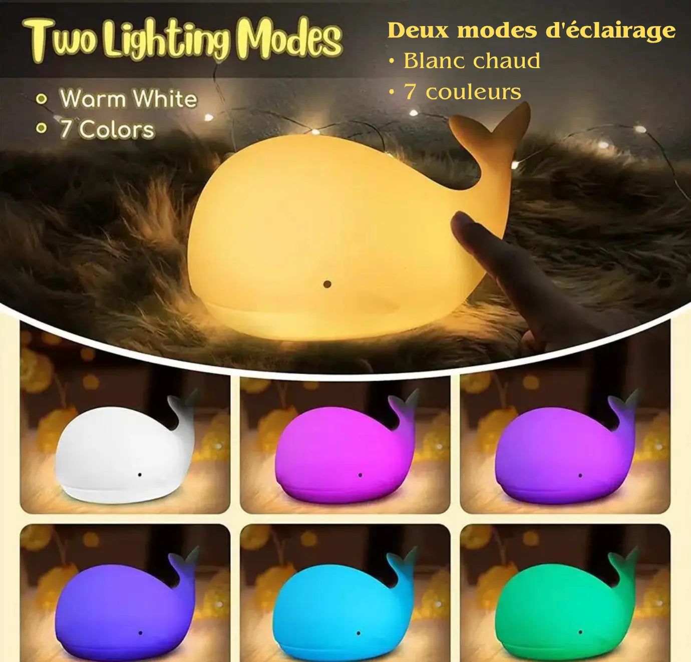 Veilleuse LED tactile en forme baleine, capybara, pingouin, lapin BABY CHIC PALACE